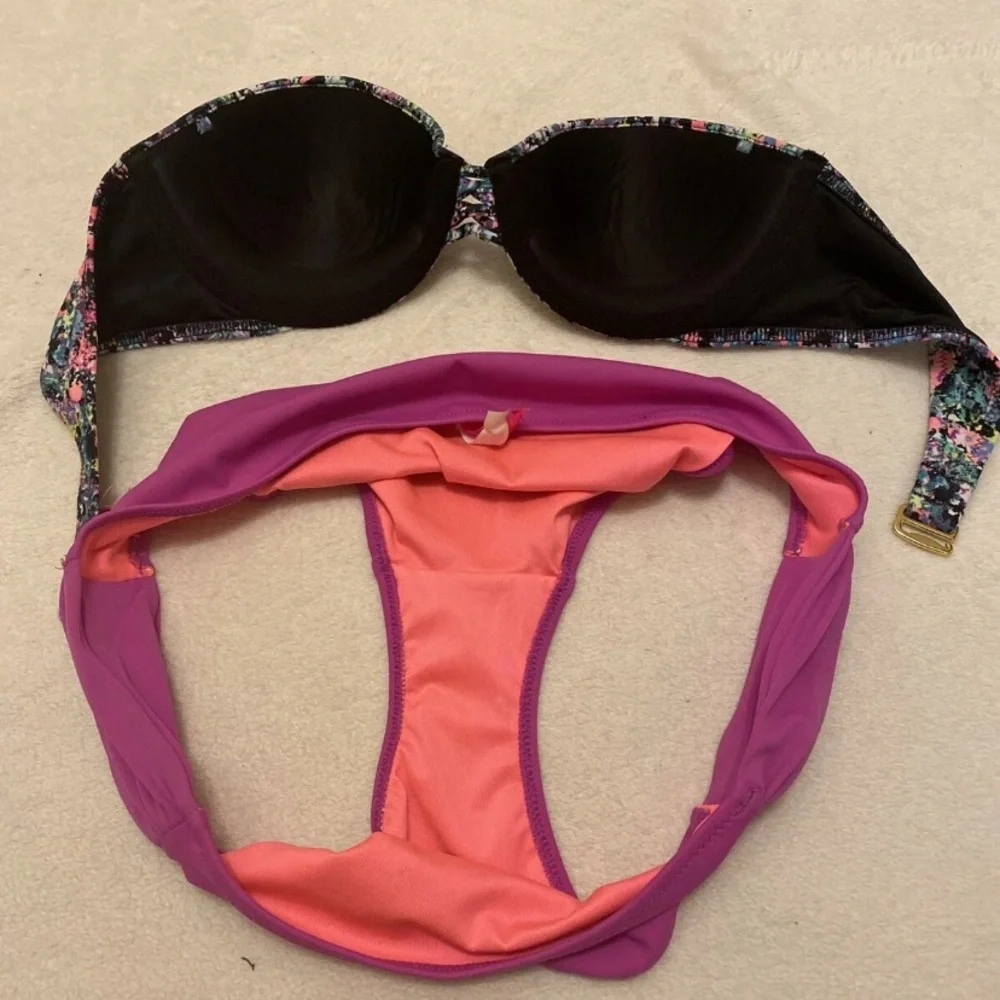 Victoria's Secret Multicolor Paint Splatter Bikini with Pink Bottom